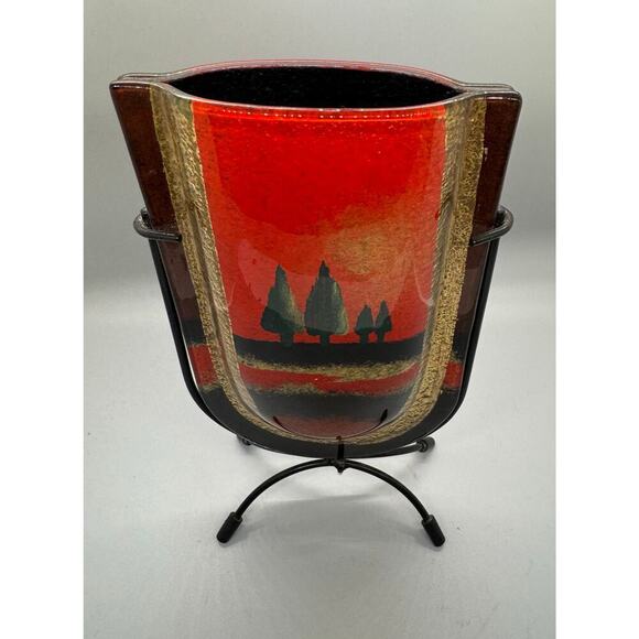 Jasmine art glass Other - Vintage Jasmine Art Glass Vase in Metal Stand Black Gold Red Green Trees Vibrant
